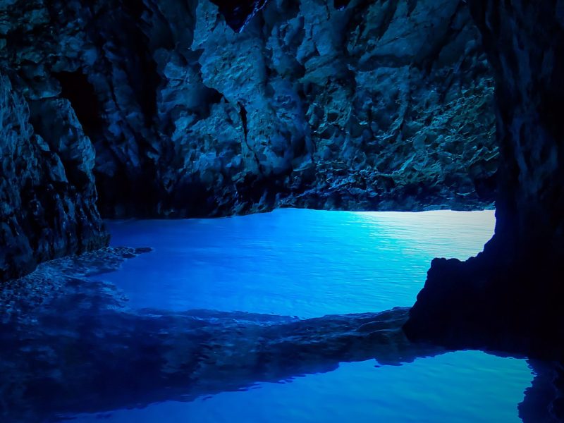 inside of blue lagoon cave. famous Blue Cave in Croatia, Bisevo Island Blue Grotto