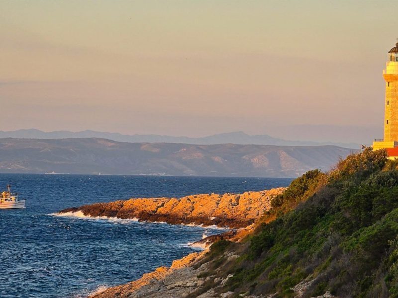 Lighthouse Stoncica at sunset light on island Vis, Croatia