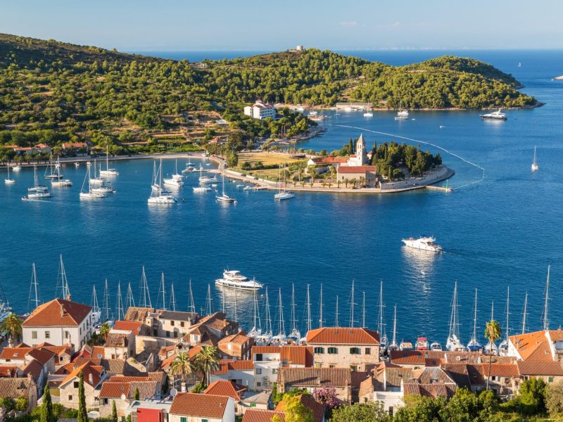 Vis town, Franciscan monastery and harbour, Vis Island, Croatia